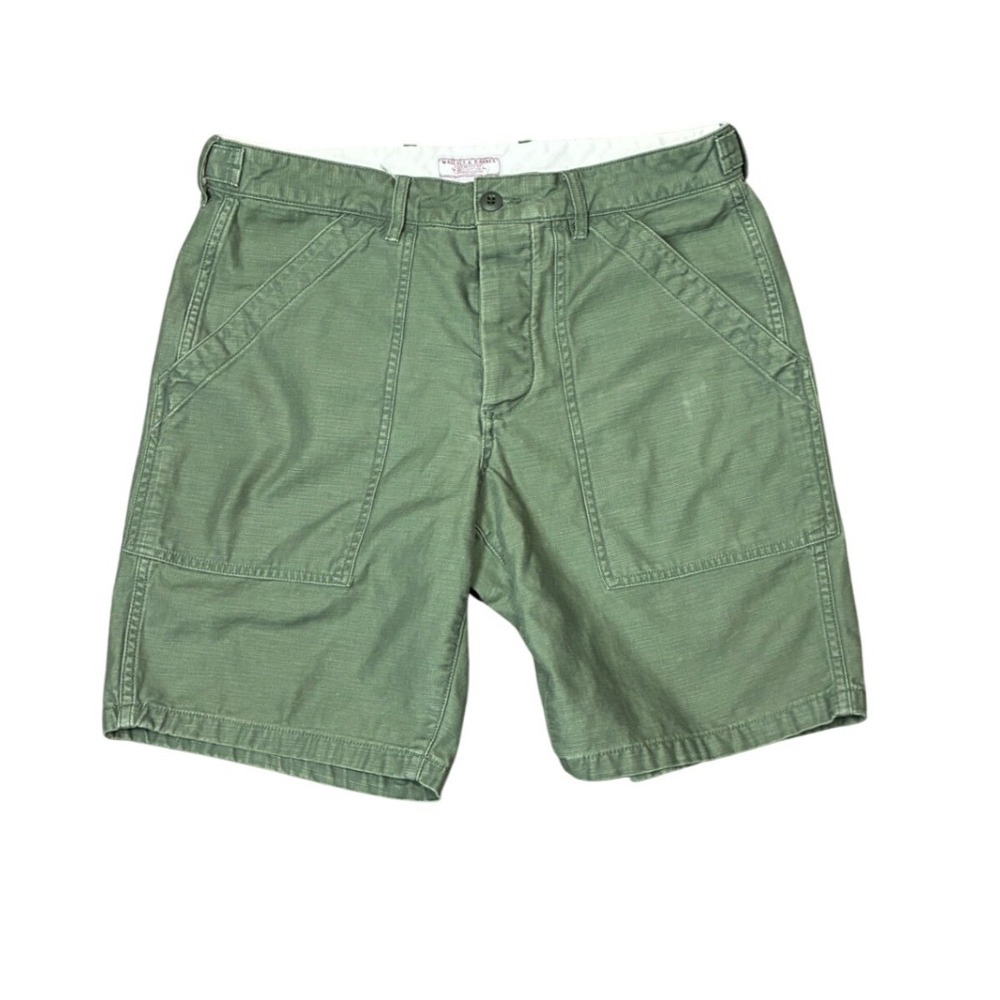 Wallace & Barnes Mens 32 Olive Green Cotton Fatigue Shorts Button Fly Military